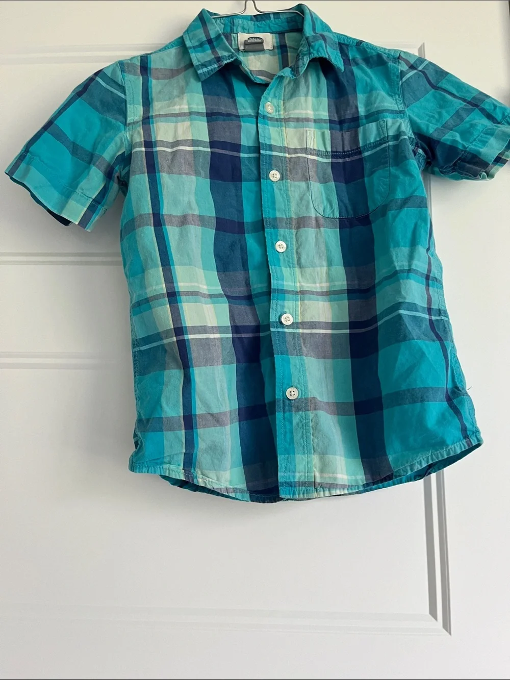 Old Navy Teal and Navy Plaid Short-Sleeve Button-Down Shirt
